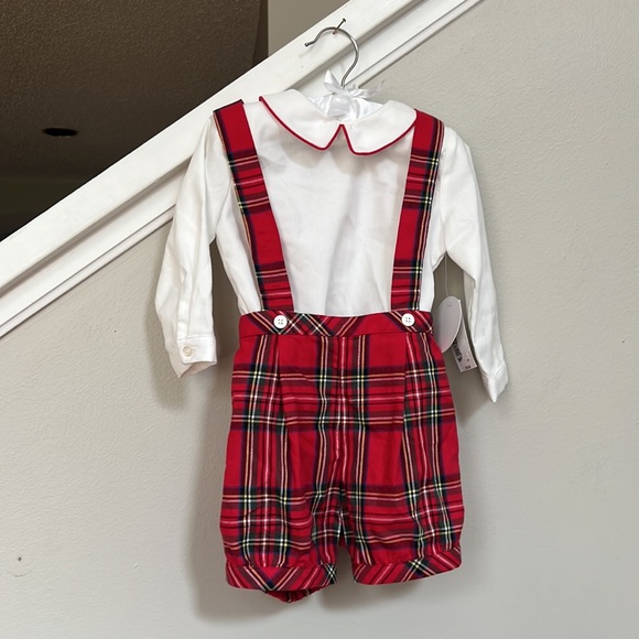 Edgehill Collection Peter Pan Collar Shirt & Tartan Plaid Suspender Short Set - Picture 2 of 7